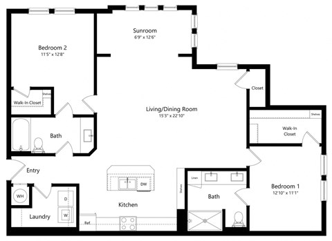Floor plan for 2 beds, 2 baths, 1395 sqft